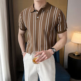 Fashion Summer High-End Short-Sleeved Men's Fashion Brand Striped Collar Ice Silk Knitted Half-Sleeved T-Shirt For Men