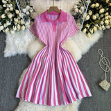 French-Style Retro-Necked Short-Sleeved Striped Knitted Dress Female Waist Temperament Thin A-Word Dress