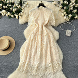 Vintage Elegant Heavy Industry Hollow Hook Water-Soluble Lace Dress Women's French Waist Thin Short Sleeve Dress