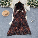 High-End Fashionable Dress Women's French Nail Polish Brighten Embroidery V Collar Long Sleeve Leopard Print Elegant Long Dress