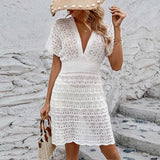 2025 New Beach Dress Corrugated Hollow Dress Deep V Elastic Waist Hot Beach Burqa