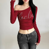 2025 Winter Fashion Trend Women's New Personality Hottie Slant Shoulder Repair Letter Hot Umbilical Umbilical Clad Tops