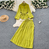 Extremely Simple Style Solid Temperament Suit Women's Spring Bubble Sleeve Strap Shirt + Tight Waist Slim Half Body Long Skirt