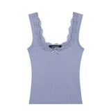 Lace Trims With A Bow Trim With Elastic Vest 2025 Summer U-Neck Sleeveless Short Top Woman