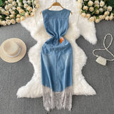 Vintage Lace Splicing V-Neckless Denim Dress Women's Summer Senior Feeling Lanky Dress