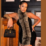 Fashion 2025 Autumn New Women's Sexy Hanging Neck Hairy Neck Stitching Bump Color Bag Hip Dress