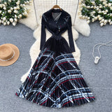 Light Luxury Elegant Dress Women's Fashion Collar Double Buckle Waist Long Sleeve Splicing Print 100 Folds Long Skirt