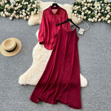 Temperament Two Sets Of Women's Languid Languid Wind Outside The Thin Loose Long-Sleeved Sunscreen Jacket + Sling Dress