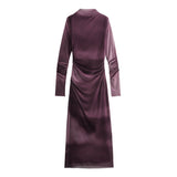 Women's Clothing 2025 Spring New Printing Mesh Collar Long Sleeve Folded Long Dress