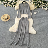Korean Wearing A Female Gentle Wind High-End Feeling V-Neck Long-Sleeved Empty Crochet Knitted Half-Dress