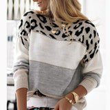 Colored Leopard-Print Round-Neck Casual Sweater Autumn And Winter New Women's Knitted Shirt Women's Long-Sleeved Bottom Shirt