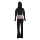 Autumn 2025 New Women's Street Cool Spicy Lace Splicing Cap T-Shirt Casual Sports Trousers Set