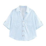 2025 Spring And Summer New Women's Fashion Casual Collar Striped Wide-Sleeved Shirt