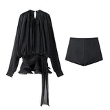 Pressed Folding Ribbon Design Loose Waist Mini Dress Shorts Set 2025 Spring And Summer Street Fashion Woman