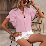2025 Women's Summer New V-Neck Casual Double-Layer Lotus Leaf Sleeve Solid Shirt Top