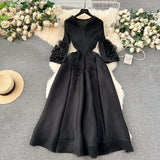 European Court Dress Female Design Tuxedo V Collar Long Three House Press Folding Horn Sleeve Dress Woman
