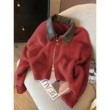 2025 Spring And Autumn New Loose Gas Coat Ankola Red College Wind Splicing Fake Two Knitted Shirt Women