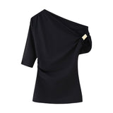 Sexy Bare Shoulder Metal Set Asymmetric Top 2025 Spring And Summer Folding Trim Short-Sleeved Women's T-Shirt