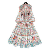 Famous Vintage Printed Dresses Women's New Spring 2025 New Waist Temperament V-Neck Single-Rece Buckle Long Dress