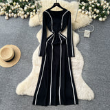French High-End Sense Niche Fashion Side To Receive Waist Round Collar Long-Sleeved Sweater Dress Female Thin Dress