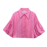 Multi-Color Short Top 2025 Spring New Five-Point Sleeve Bubble Bubble Sleeve Loose Stripe Small Shirt
