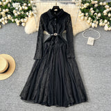French Retro Elegant Dress Women Winter High Hook Lace Splicing Mesh Yarn Irregular Knee Dress