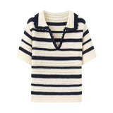 Ins Striped Knitted Short-Sleeved Woman Summer 2025 New Collar Polo Shirt Small Short Top