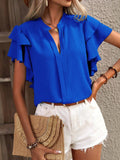 2025 Women's Summer New V-Neck Casual Double-Layer Lotus Leaf Sleeve Solid Shirt Top