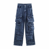Women's Loose Jeans 2025 Spring French Retro Casual Multi-Pocket High-Waisted Trousers