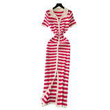 Korean Chic Vintage Collar Single Buckle Began Striped Knitted Dress Female Thin Dress