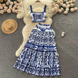 Blue And White Porcelain Printing Set Of Women In Summer Pure Desire To Bare Belt Slings Small Vest + High Waist Mid-Dress Skirt