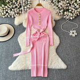 Small Fragrant High-End Autumn And Winter Round Collar With Thick Knitted Dress With Belts And Hips Skirt Sweater