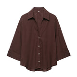 2025 Spring And Summer New Women's Fashion Casual Collar Striped Wide-Sleeved Shirt