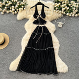 Pure-Want Holiday Suit Female Summer Sexy Hanging Neck V Neck Bare Back Chiffon Top High Waist Half Skirt Suit