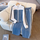 Fashion Zippered Cowboy Splicing Two Sets Of Spring And Autumn 2025 New Cowboy Splicing Long Sleeve Tops Wide Leg Trousers