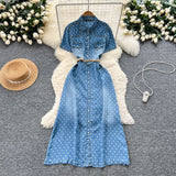 Light Familiar Style Niche Fashion Short-Sleeved Wave Dot Denim Dress Women's Waist Thin Temperament Elegant A-Word Shirt Skirt