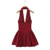 Short Dress Body With Bare Back Hanging Neck Dress Female Hollow Deep V-Necked Minority French Folded A-Word Mini-Skirt Dress Dress