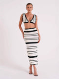 Striped Two Sets Of Women's Knitted Slings Wrapped Breasts Skirt Dress Fashion Suit