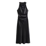 Spring 2025 New Fashion Round-Neck Sleeveless Black Silk-Sense Tidling Dress Woman