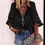 2025 New V-Neck Zipper Shirt Half-Horn Sleeve Grid Spliced Loose Casual Shirt For Women