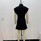 Clip Zipper Wide-Fold Short Dress 2025 Summer Temperament Casual Sleeveless A-Word Miniskirt