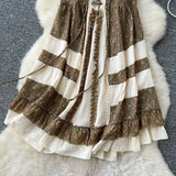 Tourism National Style Wearing Holiday Dress Retro Strap Design Spliced Flowers Hanging Loose Dress Skirt Skirt