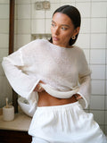 Slave Knitted Jersey 2025 Spring And Summer New Female Perspective Thin Round Collar Horn Sleeve Knit T-Shirt