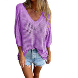 Special For The New T-Shirt Women's Hollow Long-Sleeved Knitted Shirt Languid Style Design V Collar Sunscreen Sexy Wind