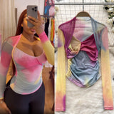 Spice Girls Tie-Dye Mesh Jersey Long-Sleeved T-Shirt Girl Thin Perspective Temperament Fashion Folding Top