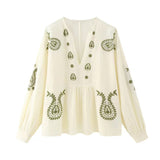 2025 Spring V-Neck Lantern Sleeves National Style Embroidery Shirt Trend Sleeves