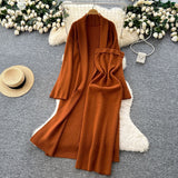 Extremely Simple Style Solid Knitted Light Sister Suit Girl Winter Body-Clamping T-Shirt Dress With Long Open Shirt Jacket