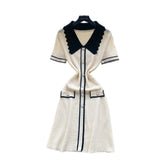 French Retro Trendy Polo Collar Short-Sleeved Dress Women's Summer Metal Buckle Waist Thin Knitted Skirt