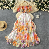 Sexy Holiday Style Shoulder Lotus Leaf Side To Receive Waist Temperament Long Swing Print Chiffon Dress