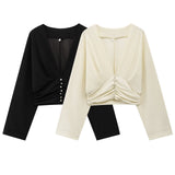 Folded Decorative Short Top 2025 Spring Women's Long-Sleeved V-Neck Buckle Short Shirt